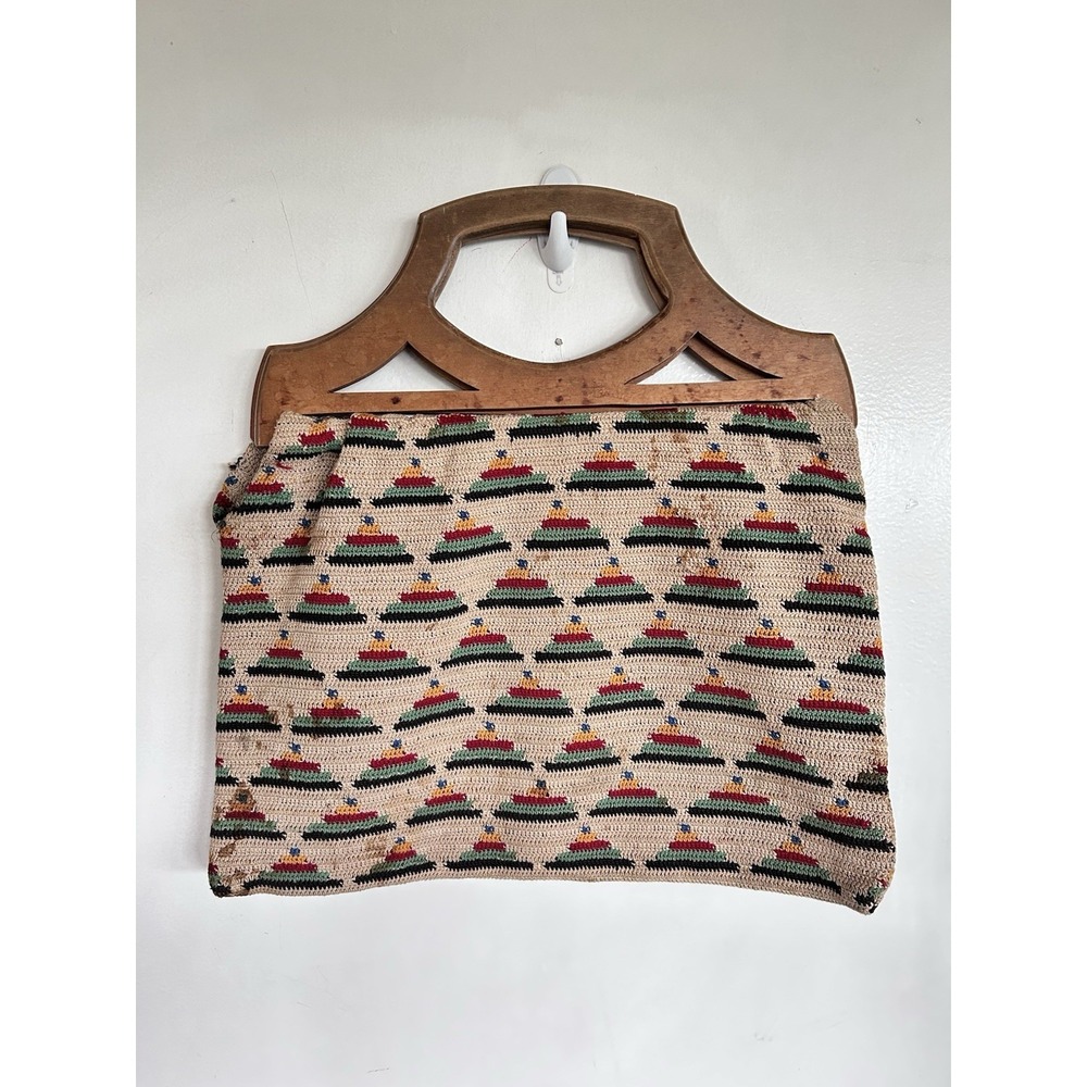 Vintage Tapestry Tight Knit Craft Bag Crochet Needlework Knitting Wood Handles - Picture 5 of 16